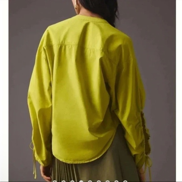 Anthropologie Pilcro Drawstring Poplin Blouse Button Down Chartreuse Size Medium - Picture 4 of 10
